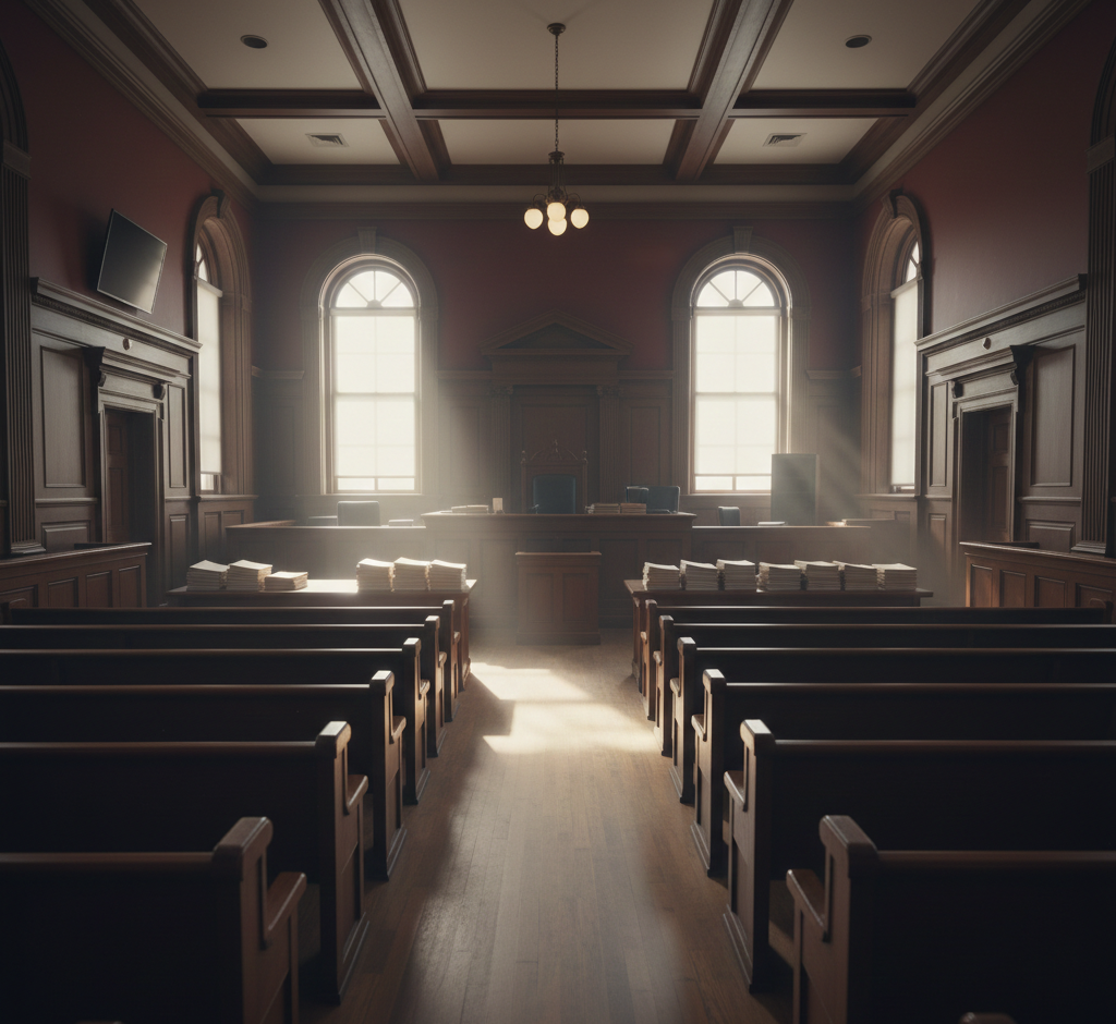 Empty courtroom bathed in soft sunlight with wooden benches and judge’s bench, symbolizing the legal proceedings and trial of Billy Milligan.