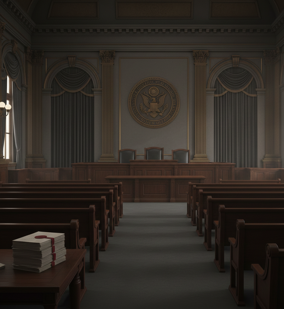 Empty courtroom with judicial seal and legal documents symbolizing regulatory oversight, accountability, and pharmaceutical industry investigations.