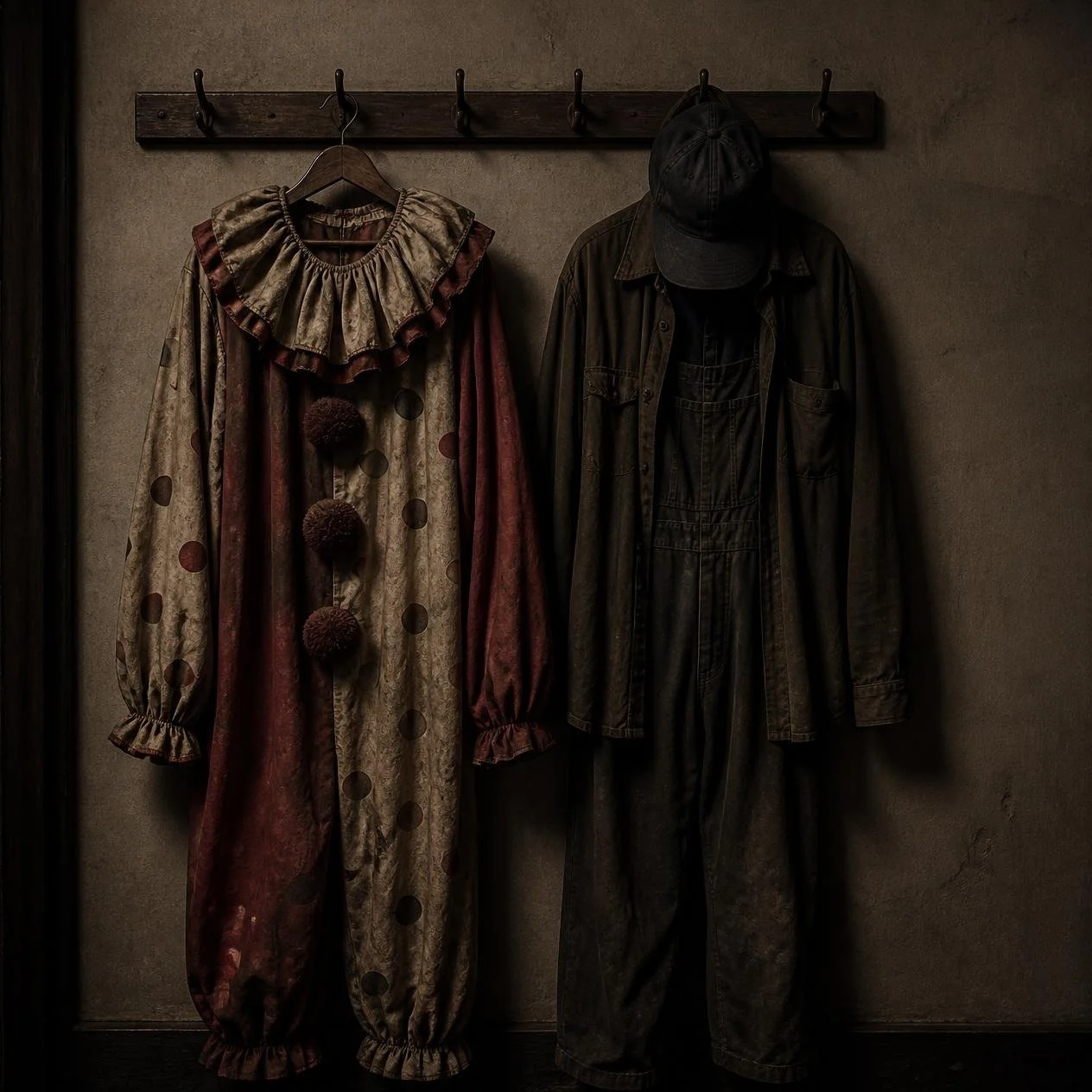A dark suburban house, business records and faint clown imagery reflect the ordinary public life that concealed John Wayne Gacy’s crimes.
