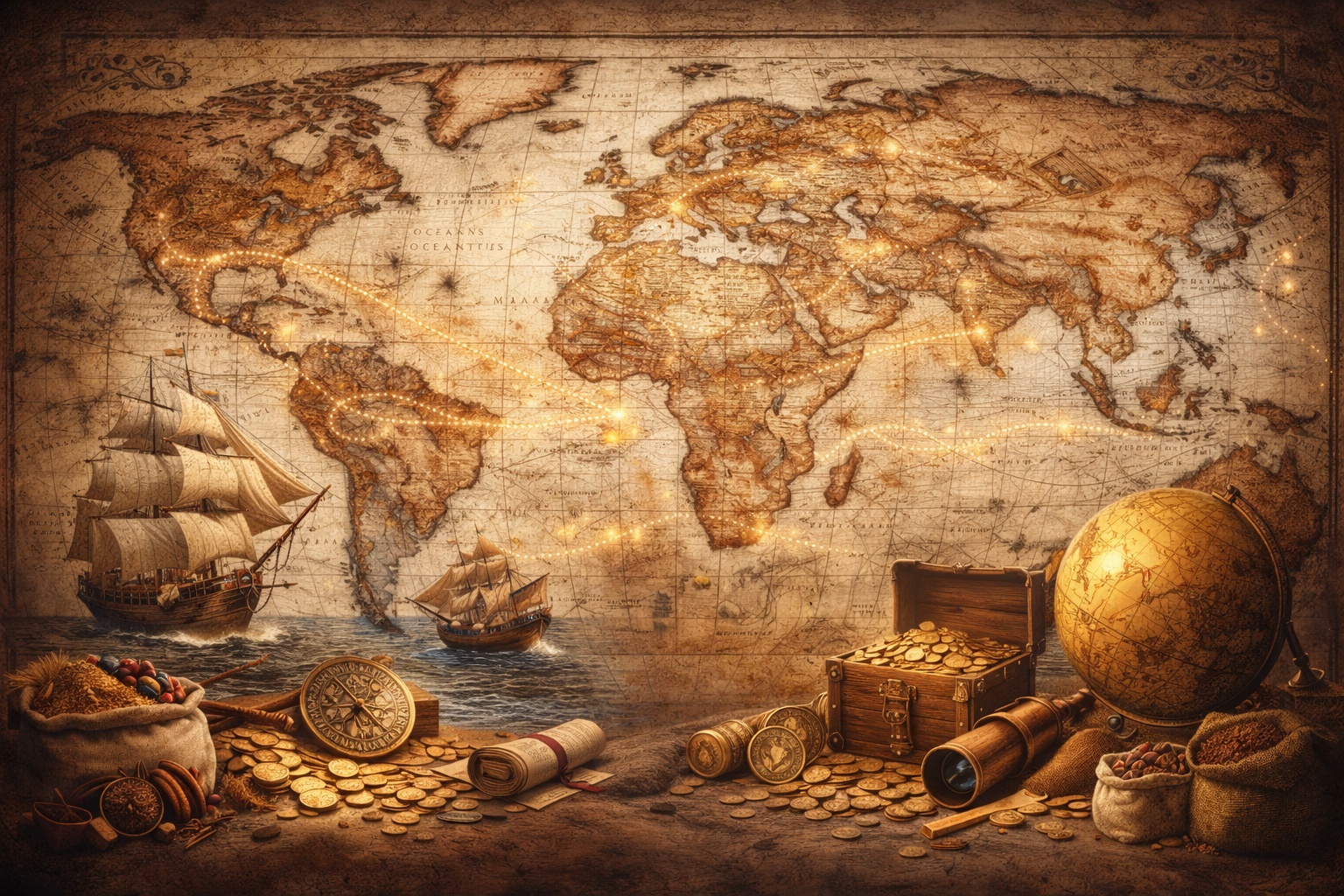 Vintage world map and financial motifs illustrating the historical rise of economic statecraft.