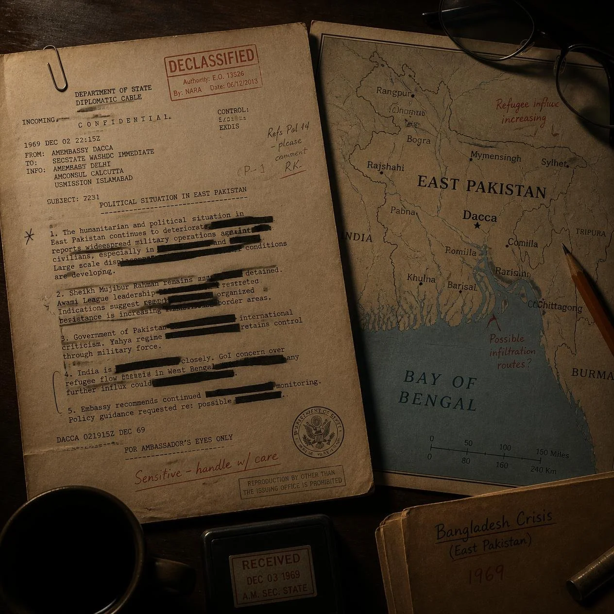 A declassified diplomatic cable and map of East Pakistan reflect the warnings ignored during the 1971 Bangladesh crisis.
