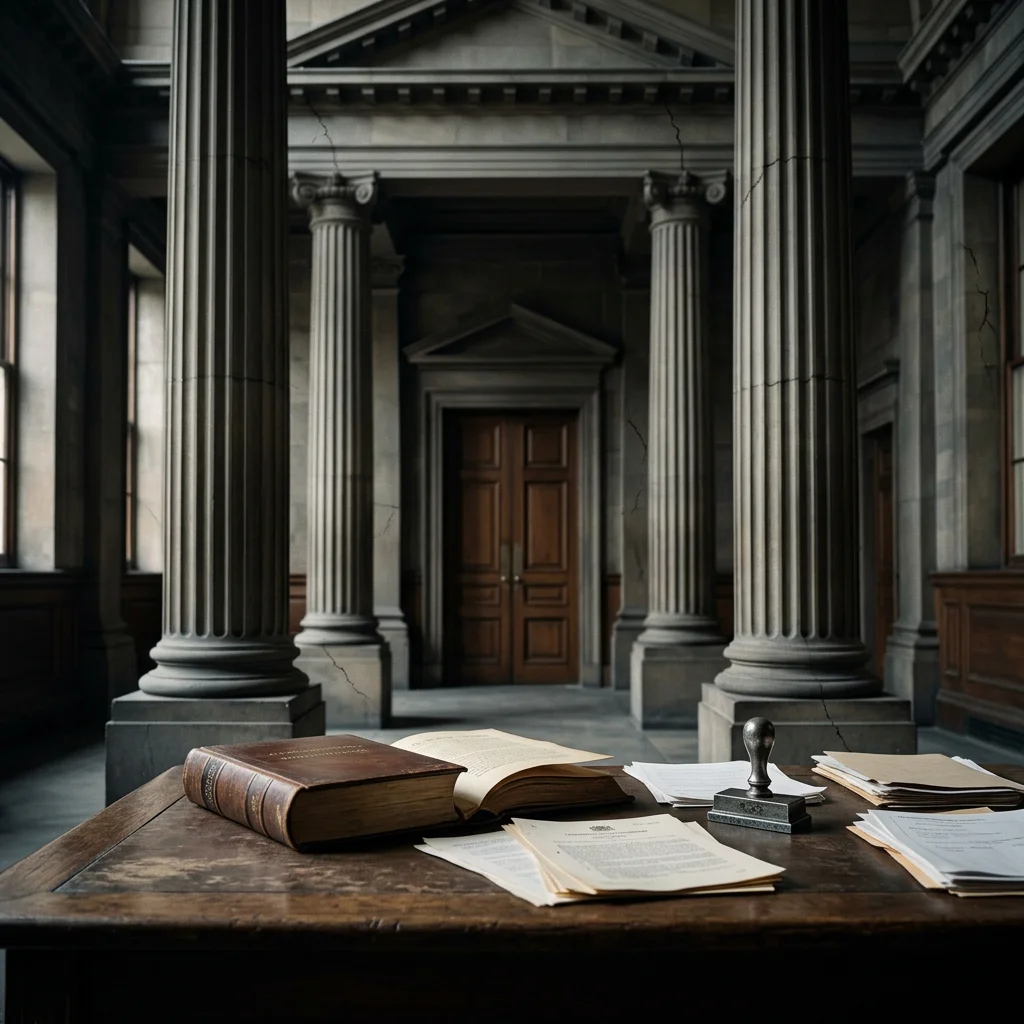 A constitutional document resting beneath the towering columns of a courthouse and parliament building, surrounded by judicial papers, an official seal and a closed legislative chamber in the distance