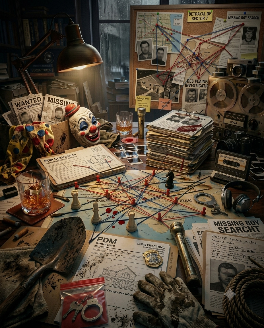 A cluttered detective investigation desk with wanted posters, a clown mask, scattered documents, a map with red and blue strings connecting photos, a stack of files, a flashlight, worn gloves, and audio equipment. A bulletin board displays photos, maps, and notes about a missing boy and betrayal of sector 7.