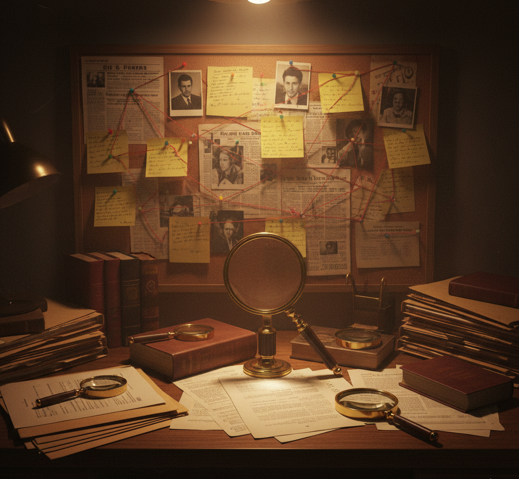 Investigative workspace with case files, photographs, and red string evidence board, representing research into the Billy Milligan multiple personality disorder case.