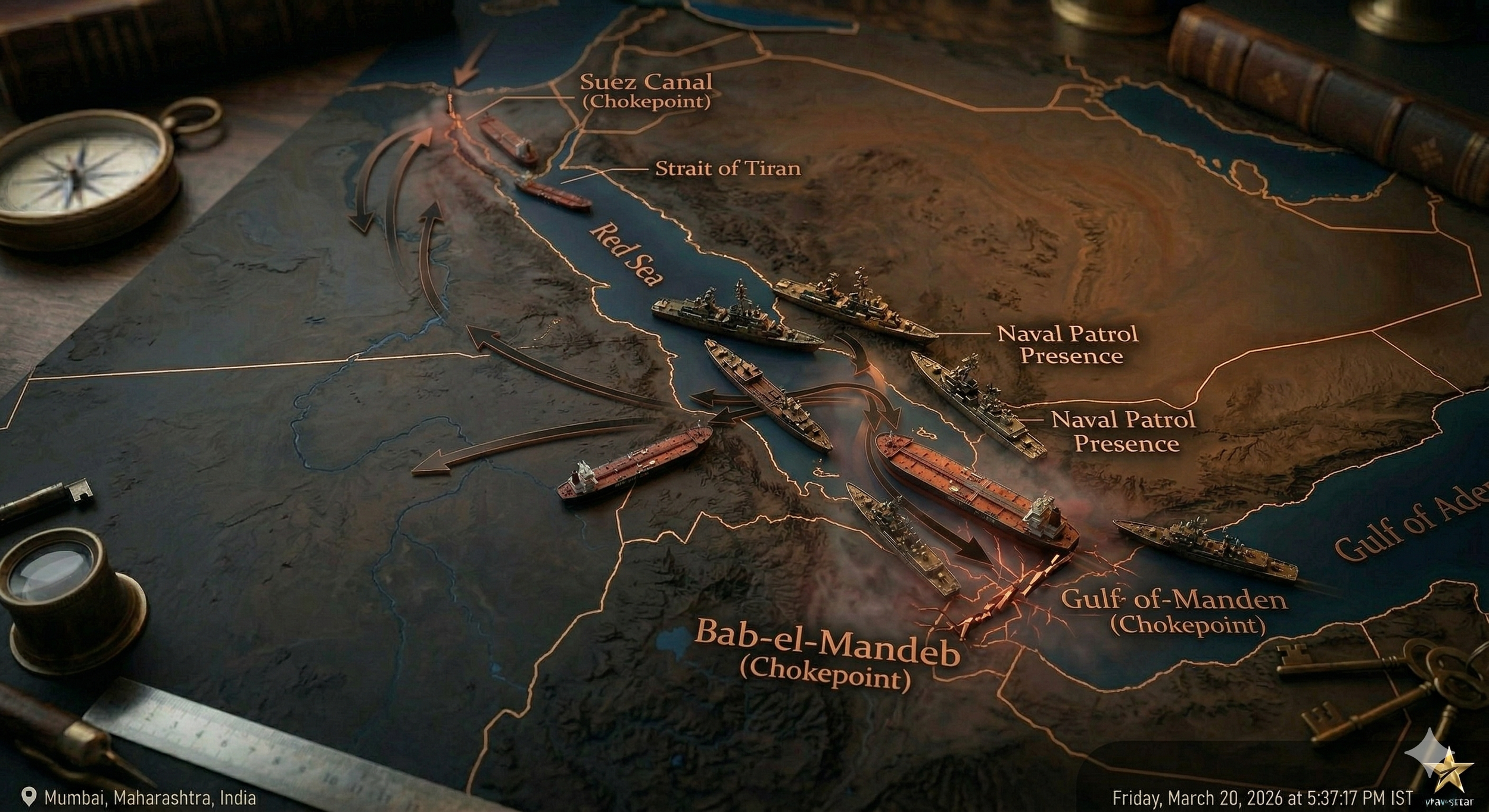 A cargo ship crosses the Red Sea near Bab el-Mandeb, where a narrow maritime corridor connects global trade routes.