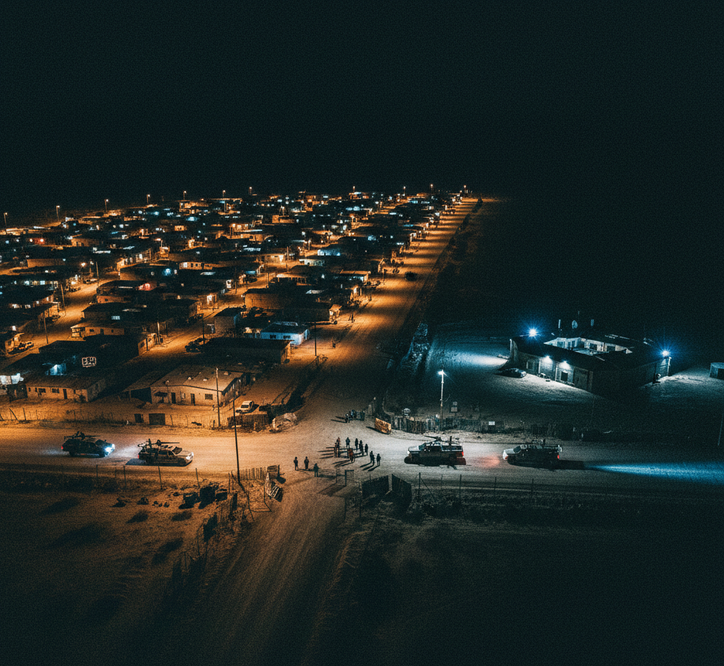Mexican border town at night with police and military vehicles during anti-narcotics operations.