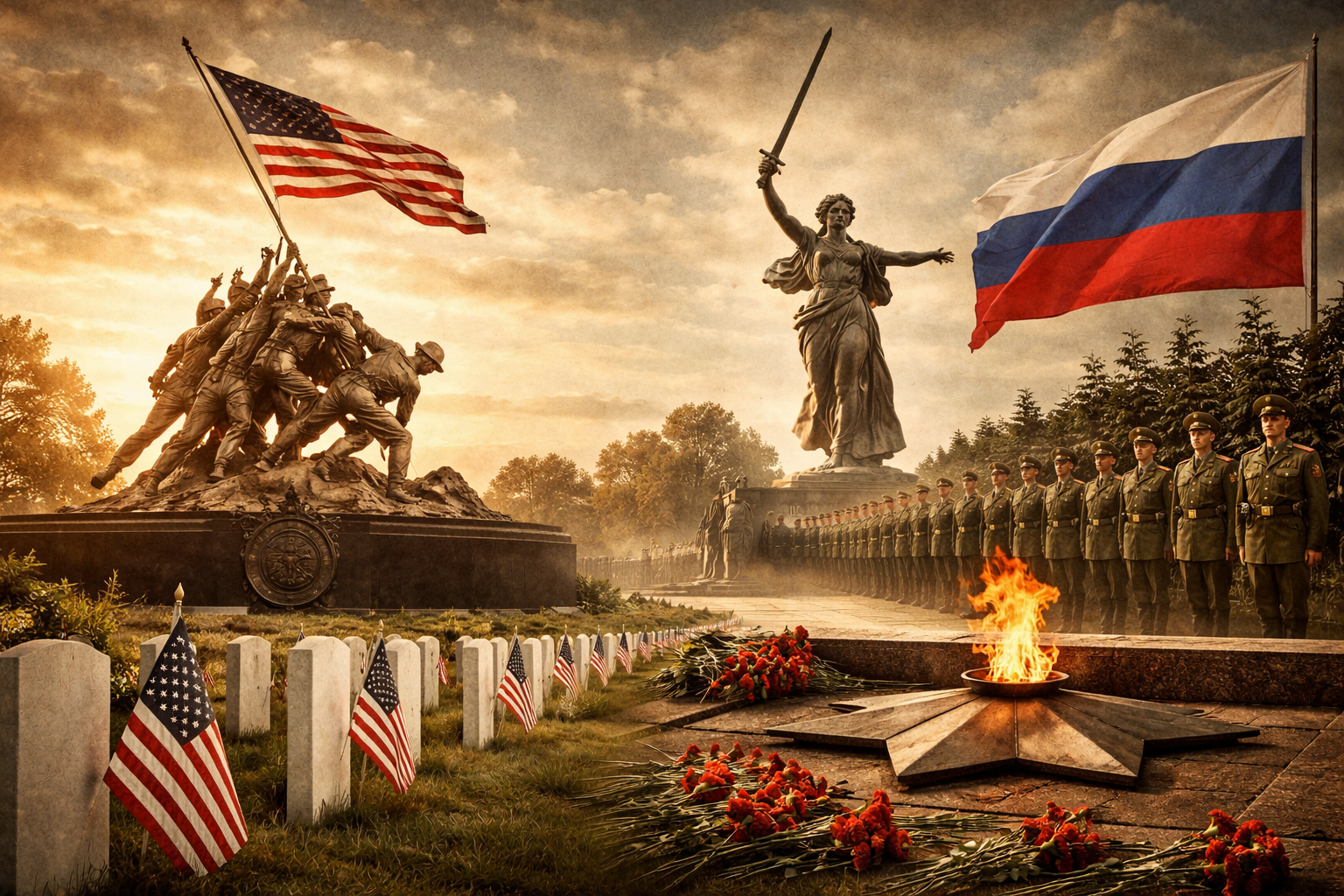 War memorial scene with soldiers, flags, and an eternal flame representing how World War II memory continues to shape national identity and political narratives in modern nations.