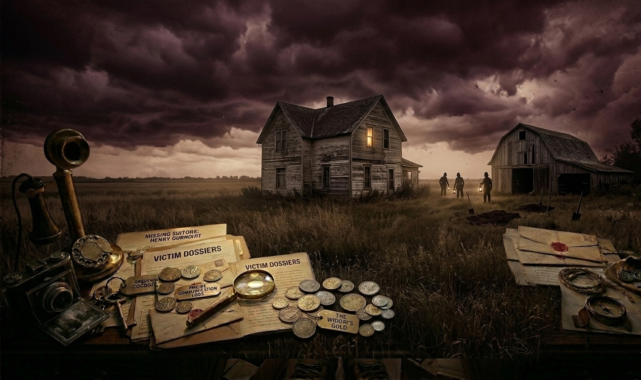 Isolated farmhouse in rural Indiana resembling the La Porte farm where Belle Gunness allegedly buried numerous victims.