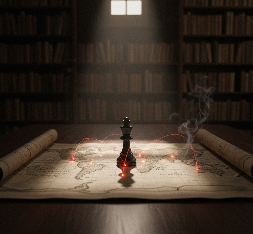 Global power and strategy illustrated by chess piece on world map.