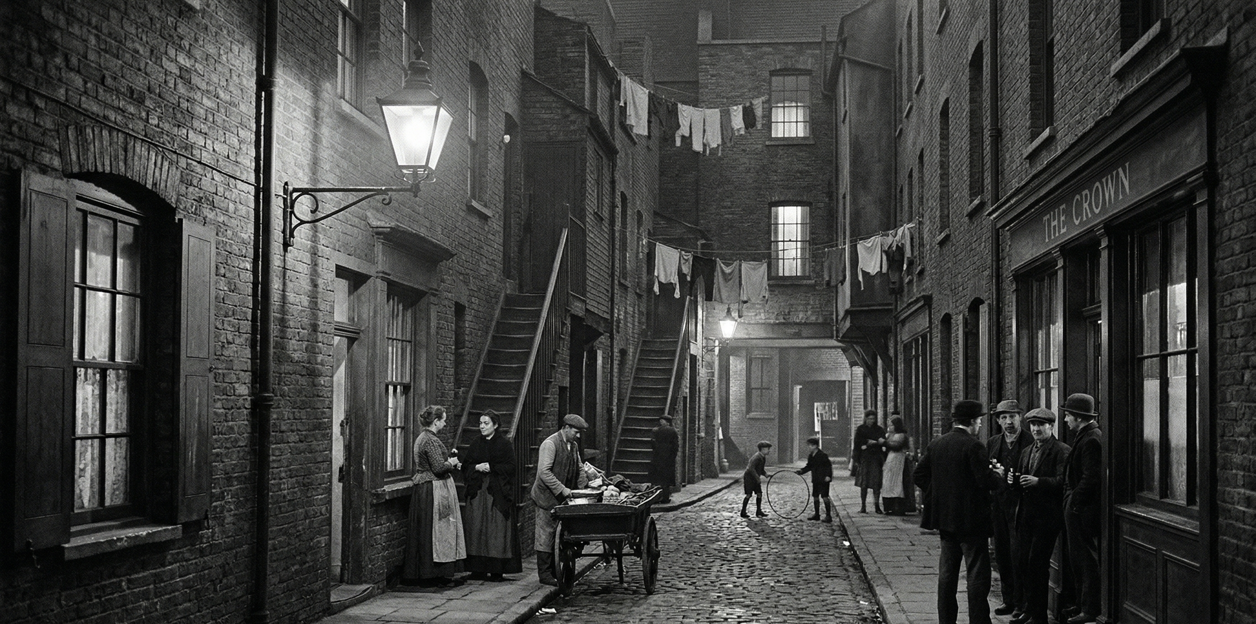 A narrow Victorian street in Whitechapel evokes the poverty and unease of London’s East End in 1888.