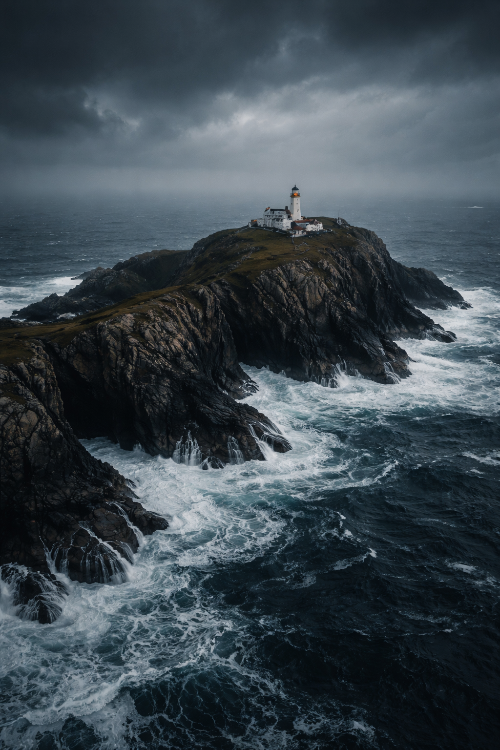 Isolated lighthouse on the rocky Flannan Isles surrounded by stormy Atlantic waves, emphasizing the extreme remoteness and harsh environment of Eilean Mòr.