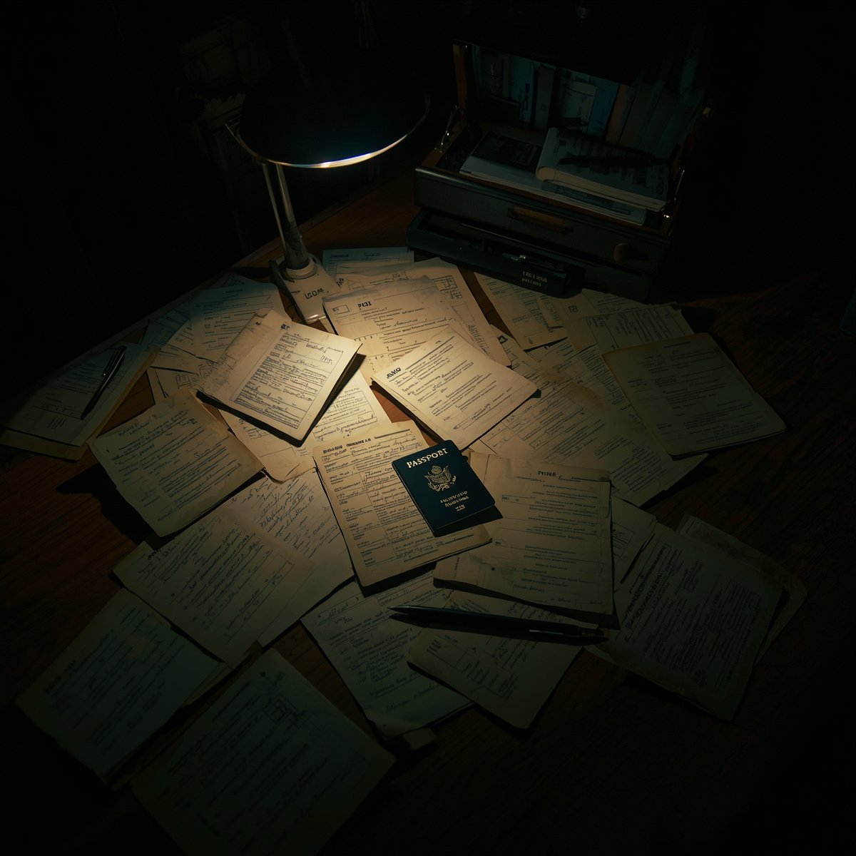 Scattered papers and a passport under low light suggest the personal motives behind espionage and defection.