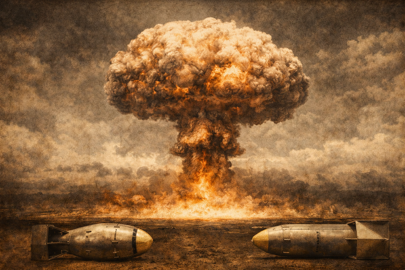 A mushroom cloud created after the dropping of a nuclear bomb which causes mass death and destruction