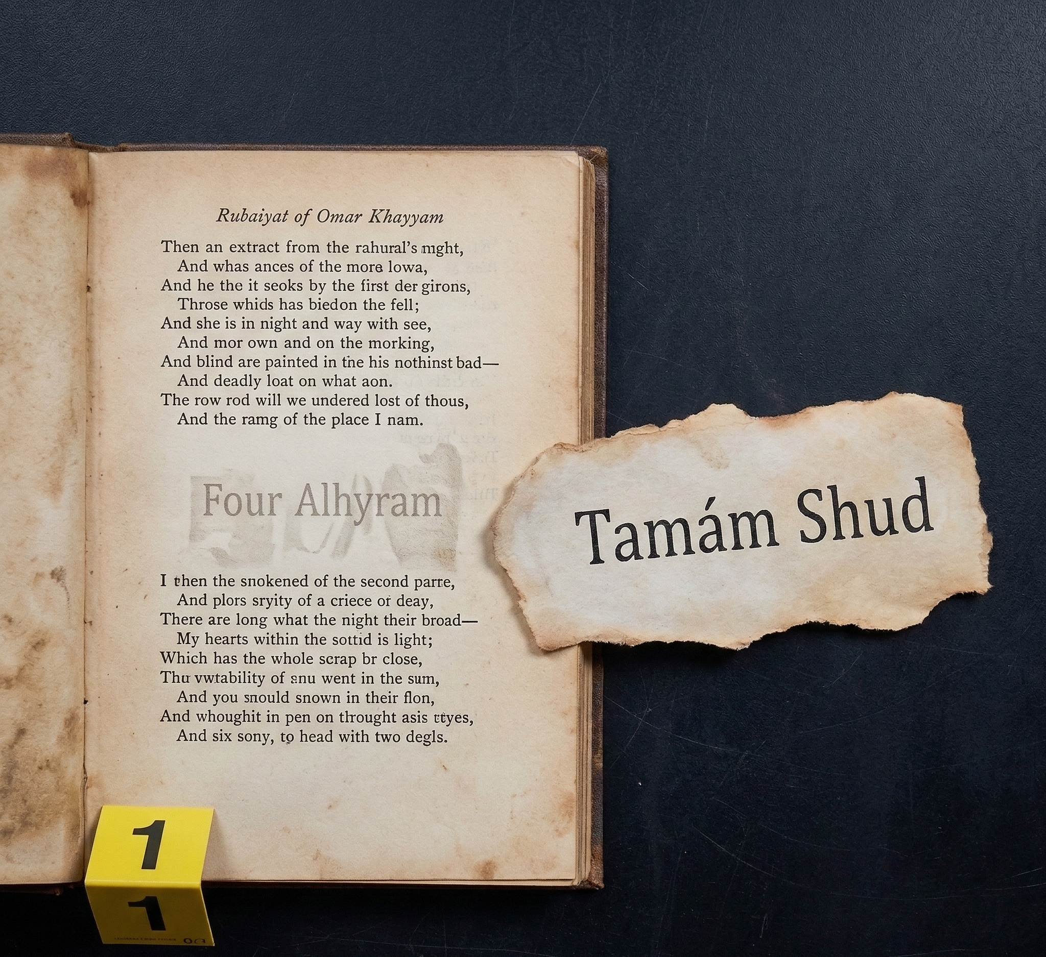 Scrap of paper reading “Tamám Shud” discovered hidden in the Somerton Man’s clothing during the investigation.
