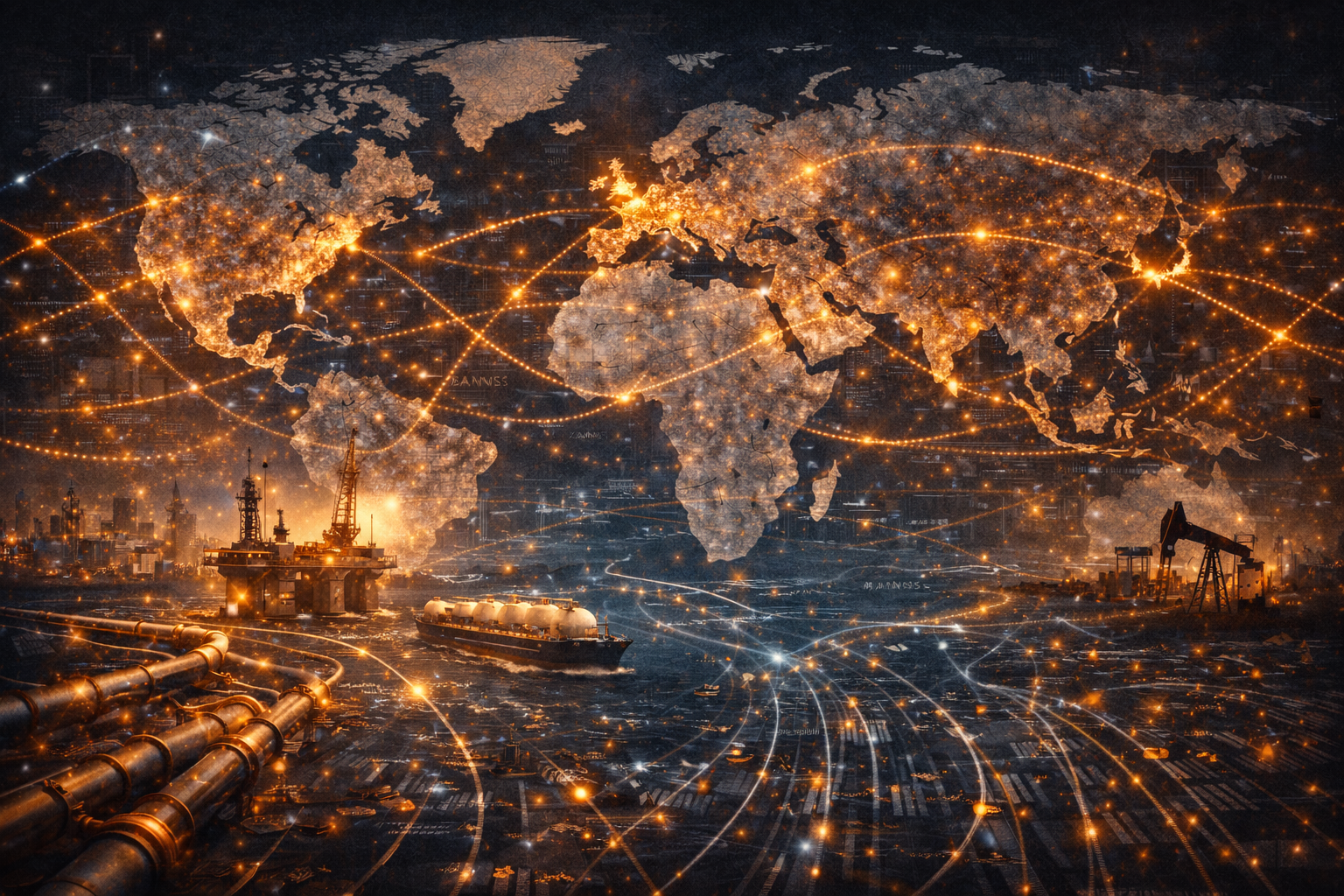 Infrastructure and global connectivity imagery representing strategic resources and energy leverage in geopolitics.