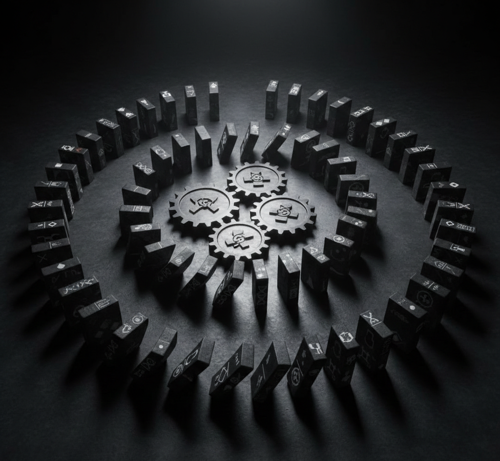 Circular arrangement of dominoes and gears symbolizing systemic failure, corporate responsibility, and repeating patterns in pharmaceutical scandals.