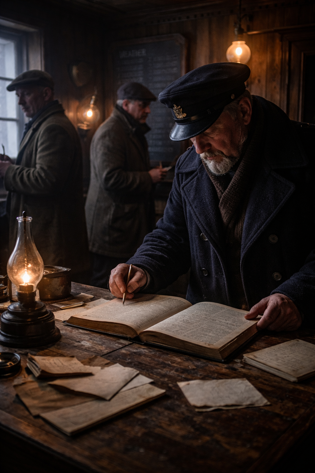 Investigators examining logbooks inside a lighthouse by lamplight, representing the official inquiry into the disappearance of the Flannan Isles keepers.