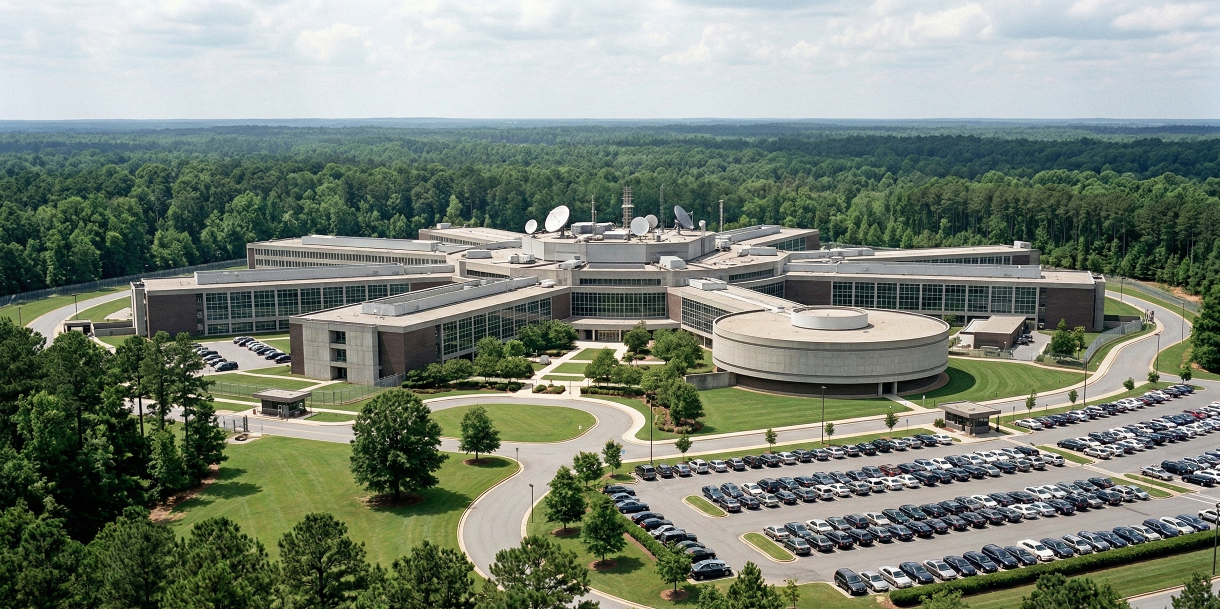 Aerial view of a large intelligence headquarters complex surrounded by forest, symbolizing the institutional infrastructure of modern espionage and national security operations.