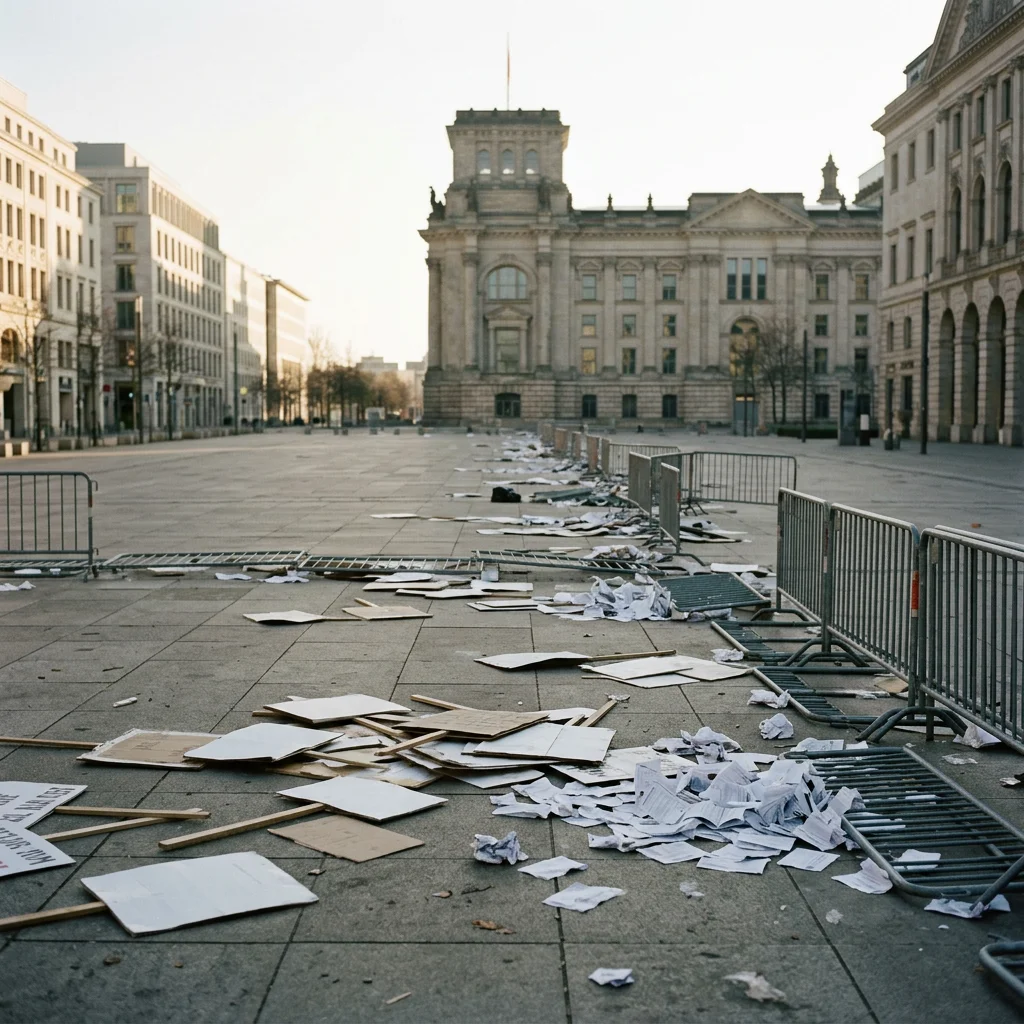 A vast empty city square after a major political demonstration, abandoned protest signs without readable slogans, temporary barriers, scattered election papers and a parliament building visible at the far end of the square,