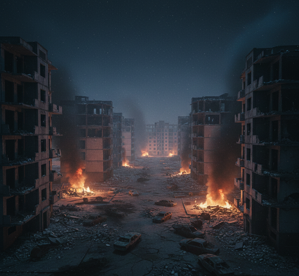 Ruined city after conflict showing destruction caused by modern warfare and drug violence.