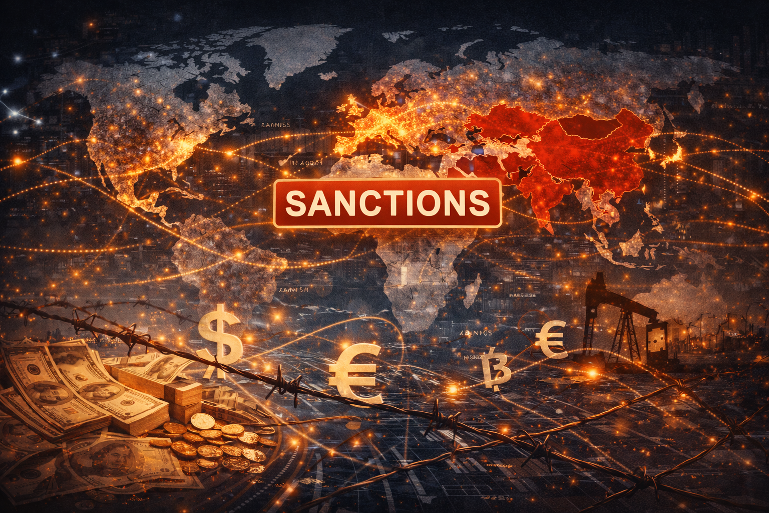 Geopolitical world map with network overlays symbolizing economic pressure, restrictions, and financial isolation.