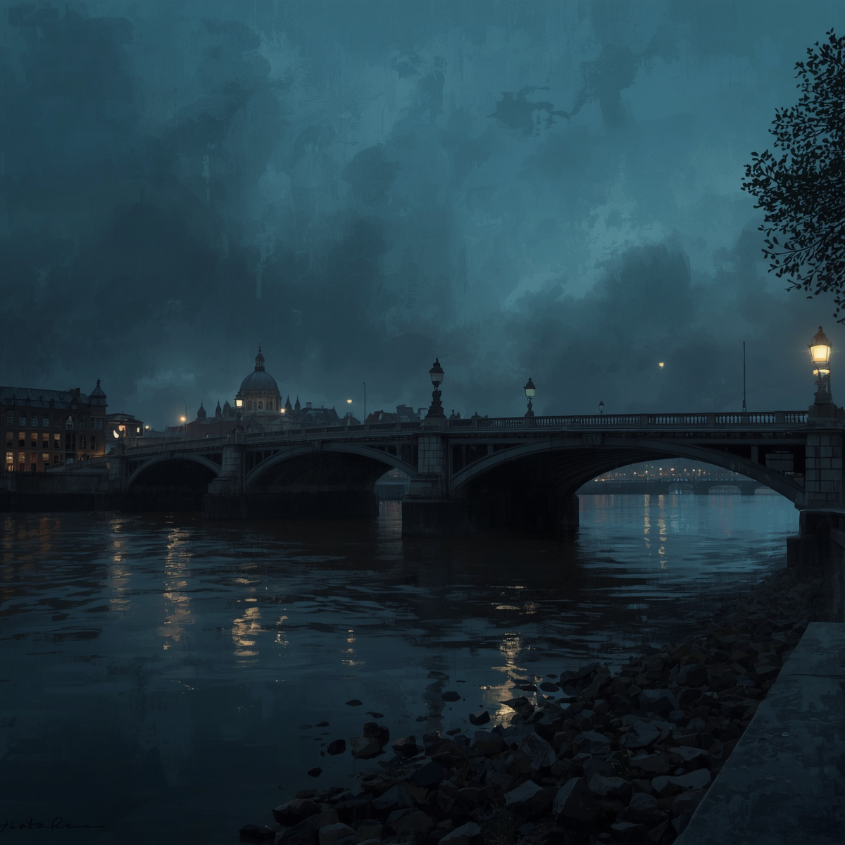 A dark view of Blackfriars Bridge over the Thames suggests the setting of Roberto Calvi’s unresolved death.