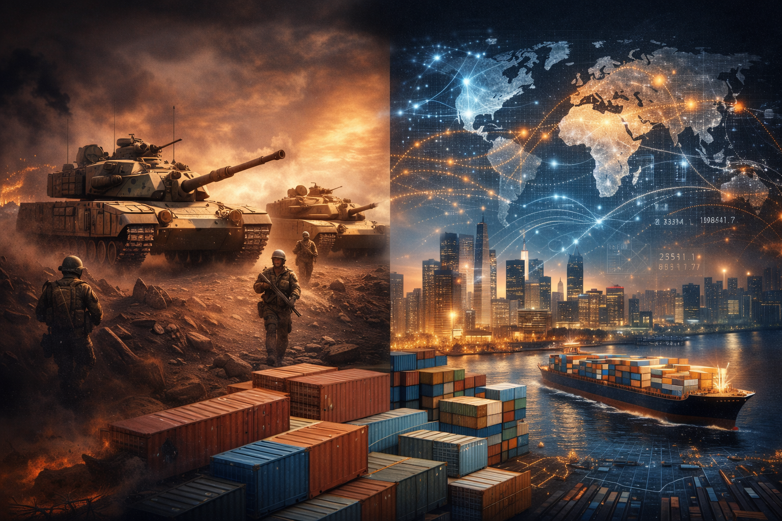 Financial district skyline and global data overlays representing modern power beyond the battlefield.