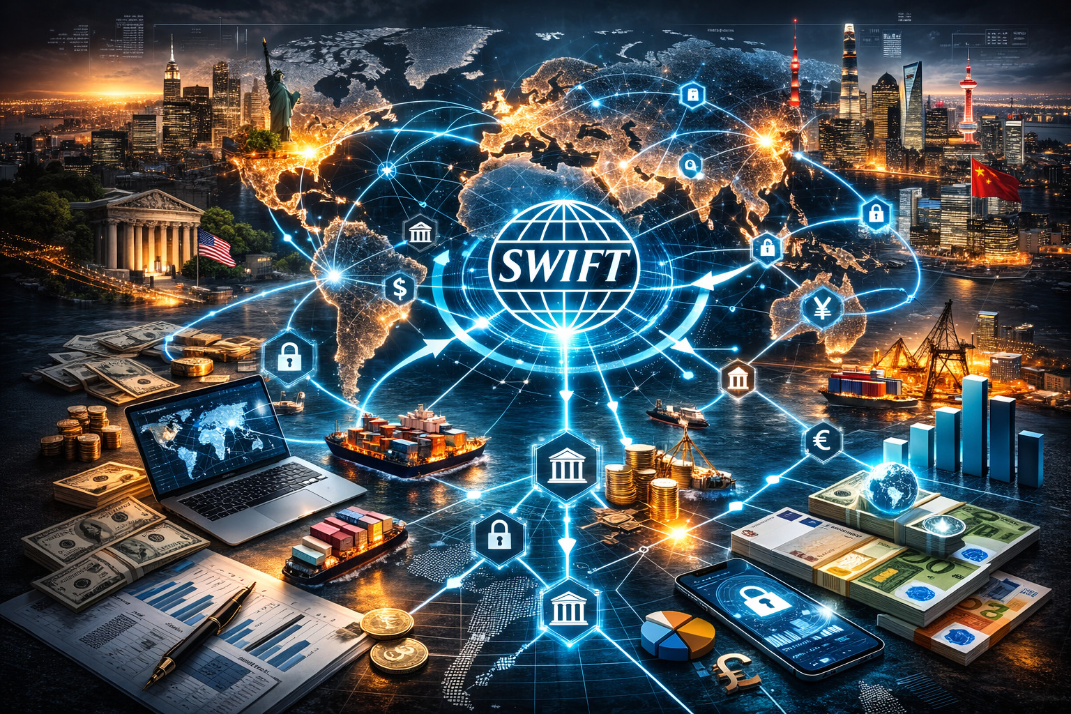 Global financial network visualization representing cross-border banking and SWIFT-style connectivity.