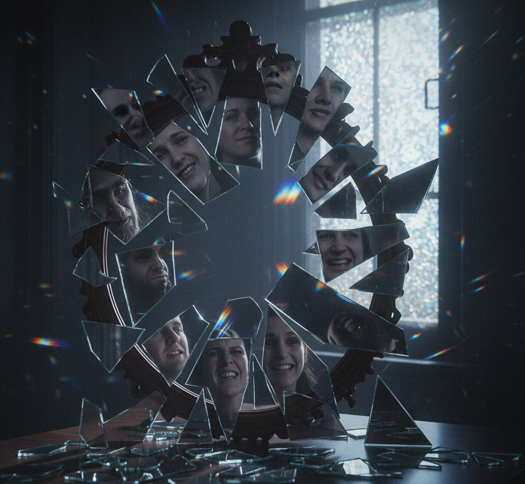 Shattered mirror reflecting multiple fragmented faces in a dark room, symbolizing dissociative identity disorder and the psychological complexity of the Billy Milligan case.
