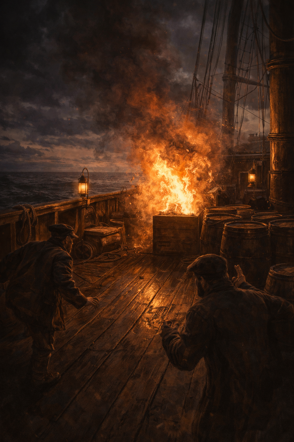 Illustration of suspected alcohol fumes explosion aboard the Mary Celeste in 1872, with fire erupting on deck and crew reacting during a stormy Atlantic night.