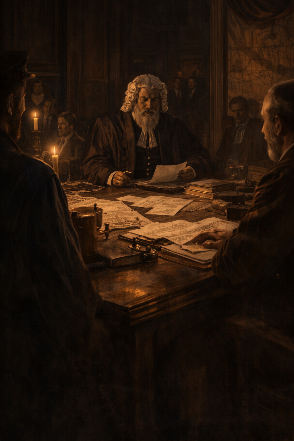 British Admiralty Court hearing in Gibraltar, 1873, investigating the Mary Celeste mystery with judge reviewing documents under candlelight in historic courtroom.