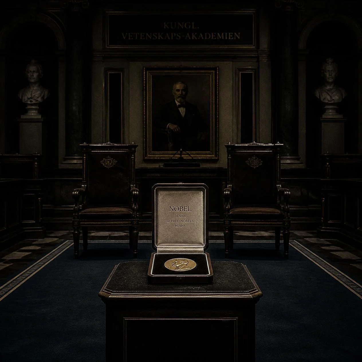 An empty Nobel ceremony hall and award materials reflect the controversy surrounding Henry Kissinger’s 1973 Peace Prize.