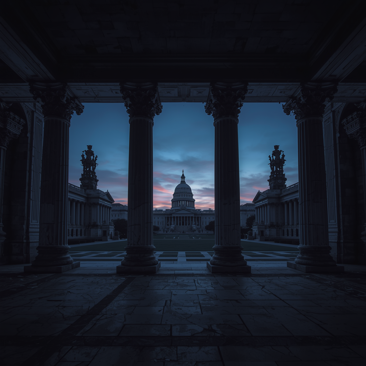 A darkened seat of government reflects the fragile foundations beneath authority, order, and state power.