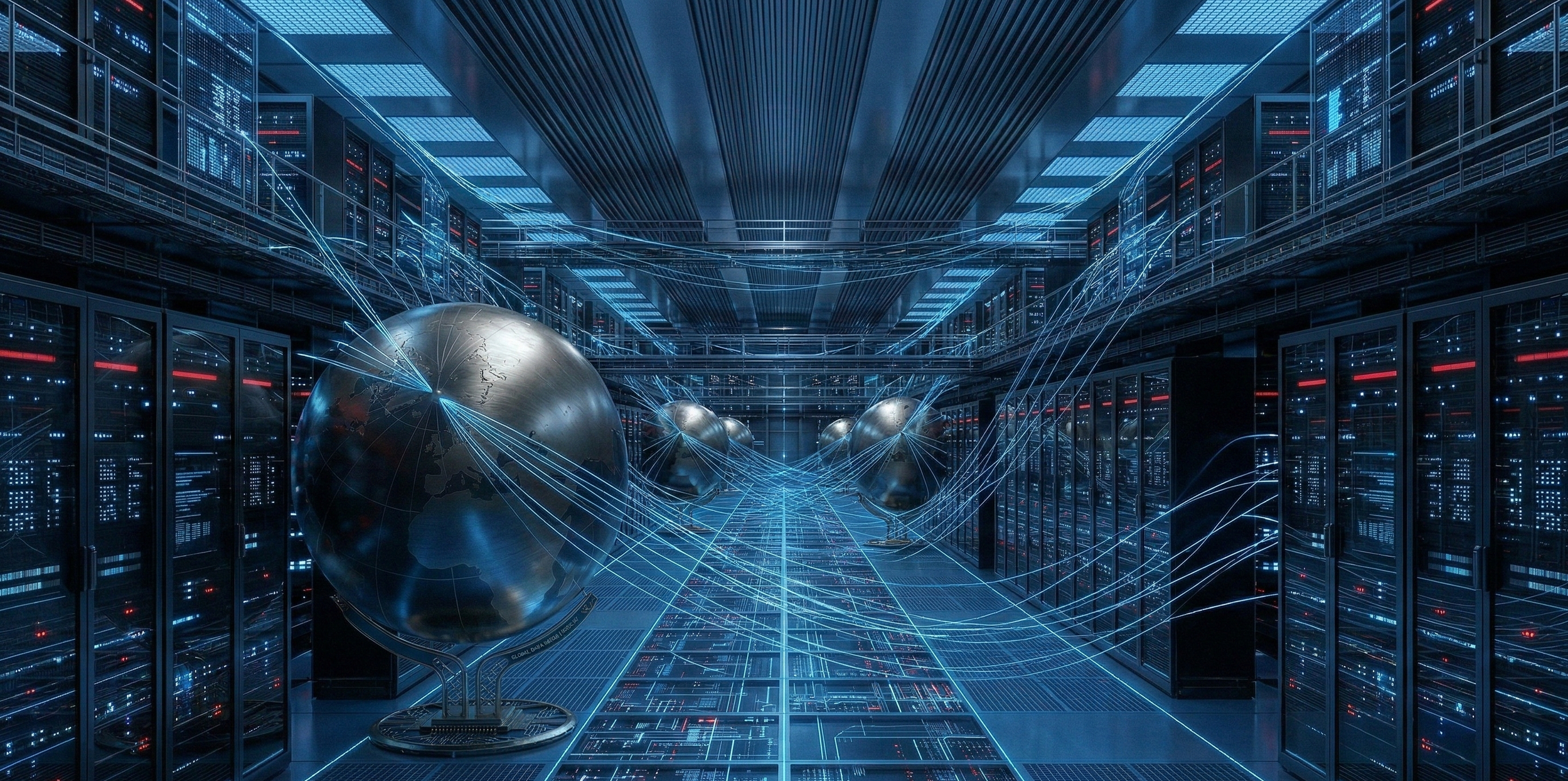 Global data servers and interconnected digital networks inside a high-security data center symbolizing mass surveillance, cyber intelligence operations, and state-level data monitoring