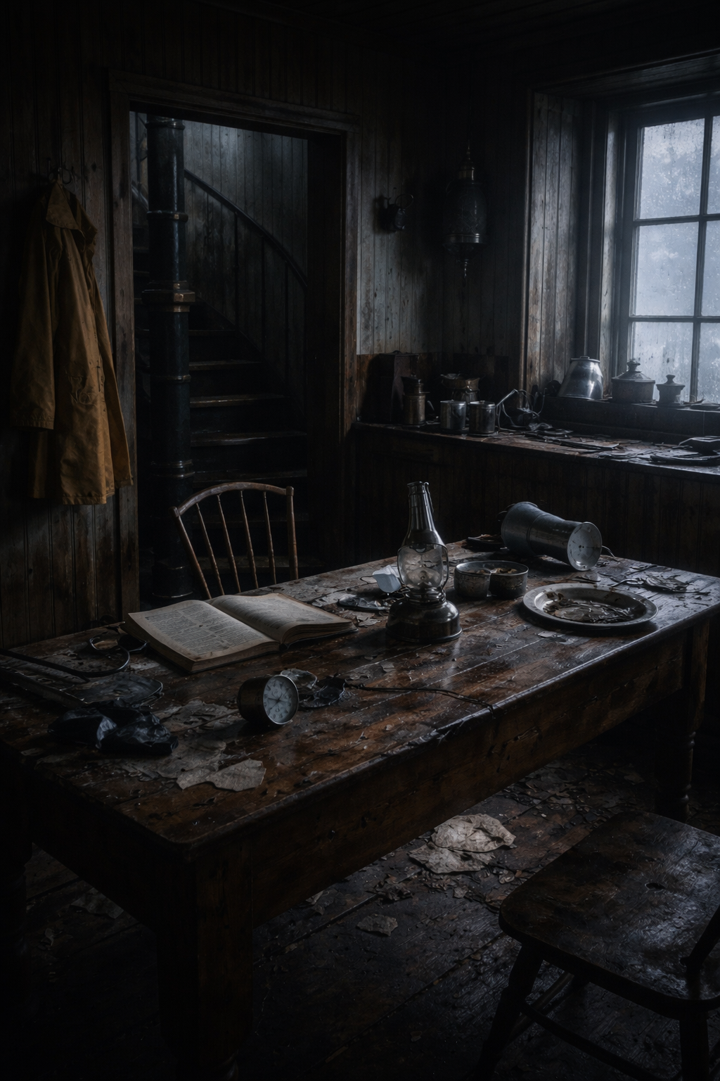 Abandoned lighthouse interior with disturbed table and scattered objects, suggesting the sudden disappearance of the Flannan Isles keepers.