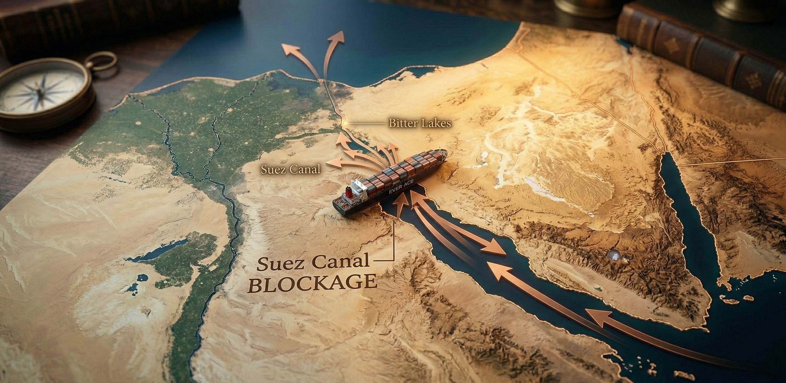 A container ship passes through the Suez Canal, a narrow artificial waterway linking Europe and Asia through Egypt.