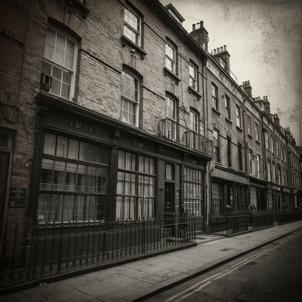 A faded map and old East End buildings suggest the harsh urban world in which the canonical five lived and died.