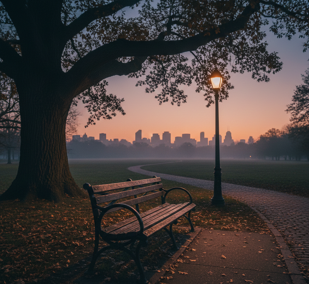 Empty park bench at sunset with city skyline in the background, symbolizing reflection and closure in the Billy Milligan true crime case.