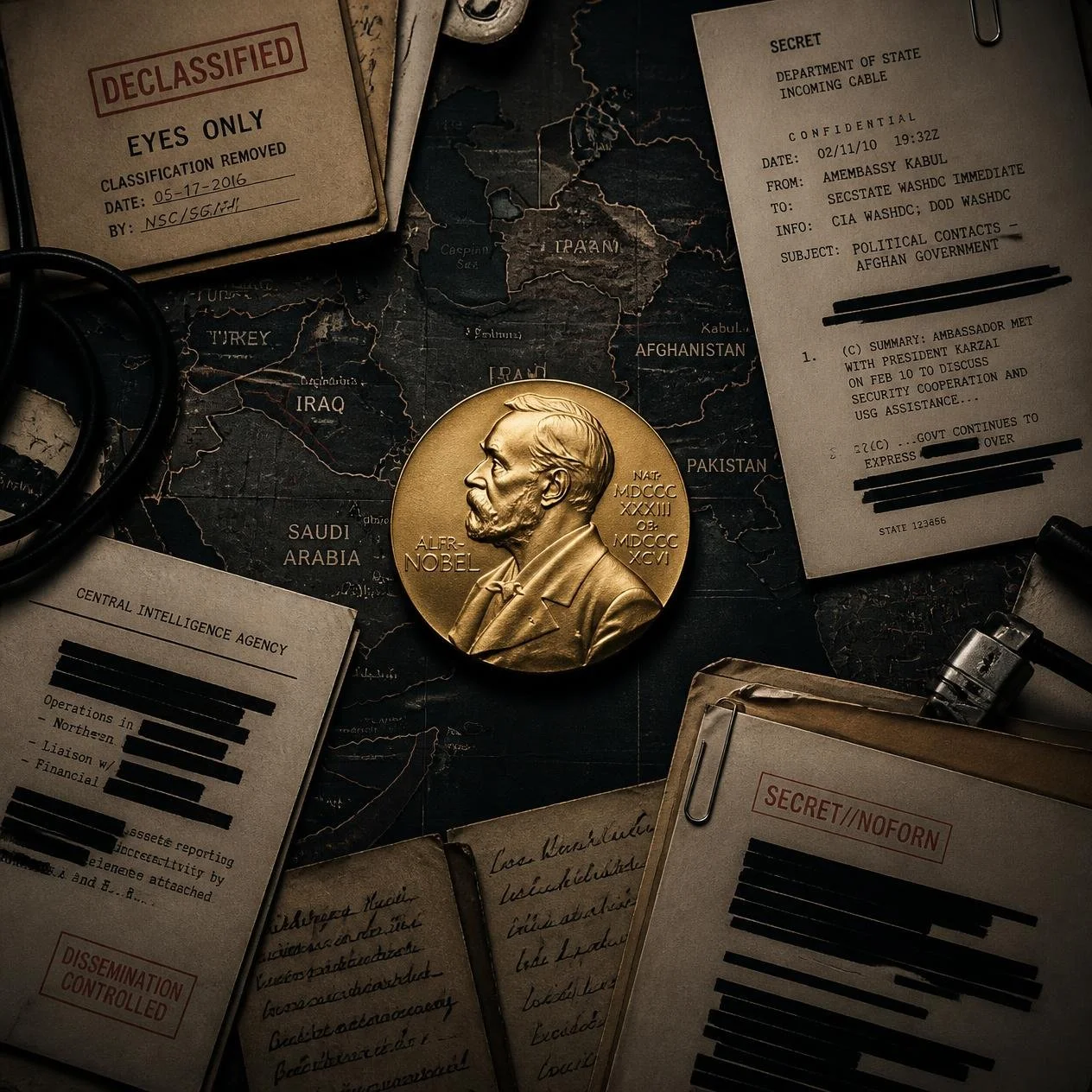 A Nobel medal rests over declassified documents and a dark world map, representing the hidden cost behind Henry Kissinger’s diplomatic reputation.