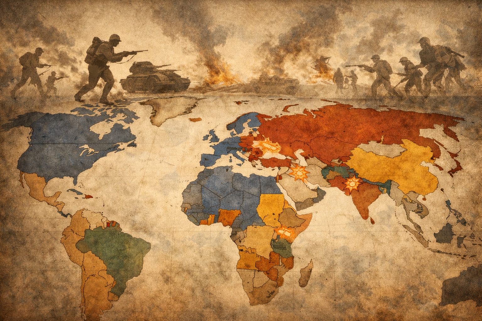 World map illustration showing modern global conflict zones with silhouettes of World War II soldiers in the background, symbolizing the lasting shadow of WWII on modern geopolitics and international tensions