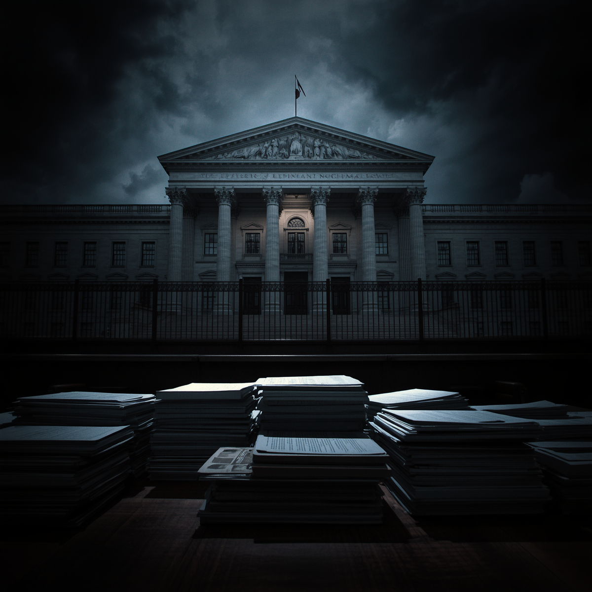 A courtroom and legal files reflect the prosecution and punishment that followed the fall of Silk Road.