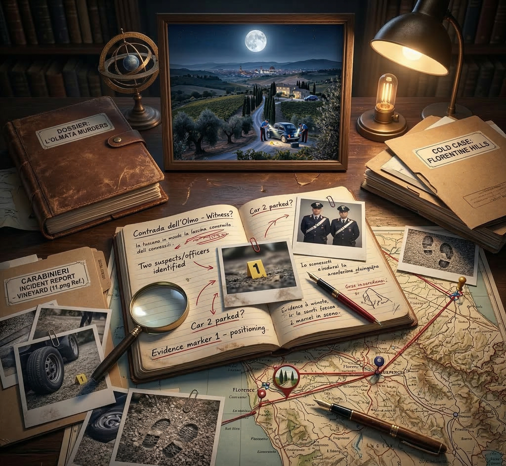 Detective investigation desk with maps and files related to the Monster of Florence case in Italy.