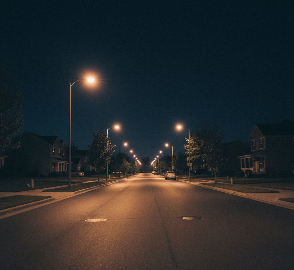 Empty suburban street at night under streetlights, symbolizing isolation, anonymity, and the hidden struggles behind the Billy Milligan psychological crime case.