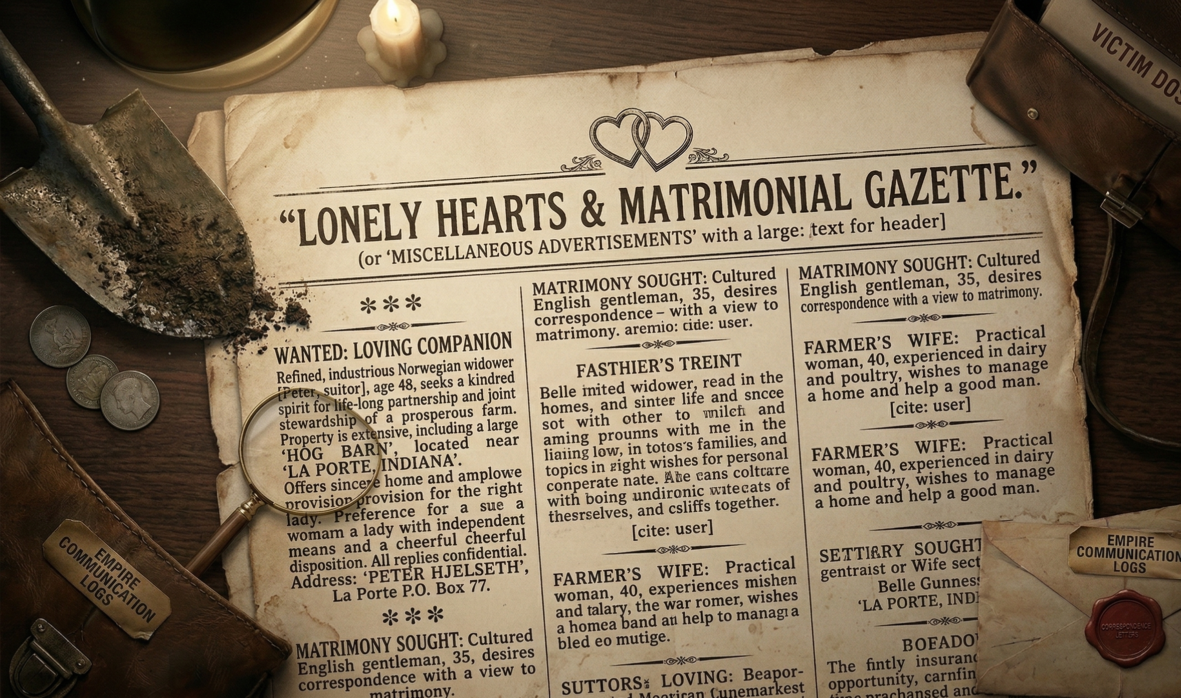 Vintage newspaper advertisement similar to those Belle Gunness used to attract wealthy suitors to her Indiana farm.