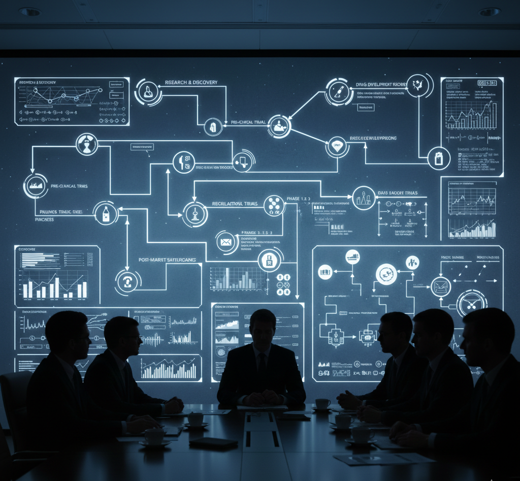 Pharmaceutical executives in a boardroom reviewing clinical trial data and drug development charts, symbolizing corporate decision-making and medical ethics.