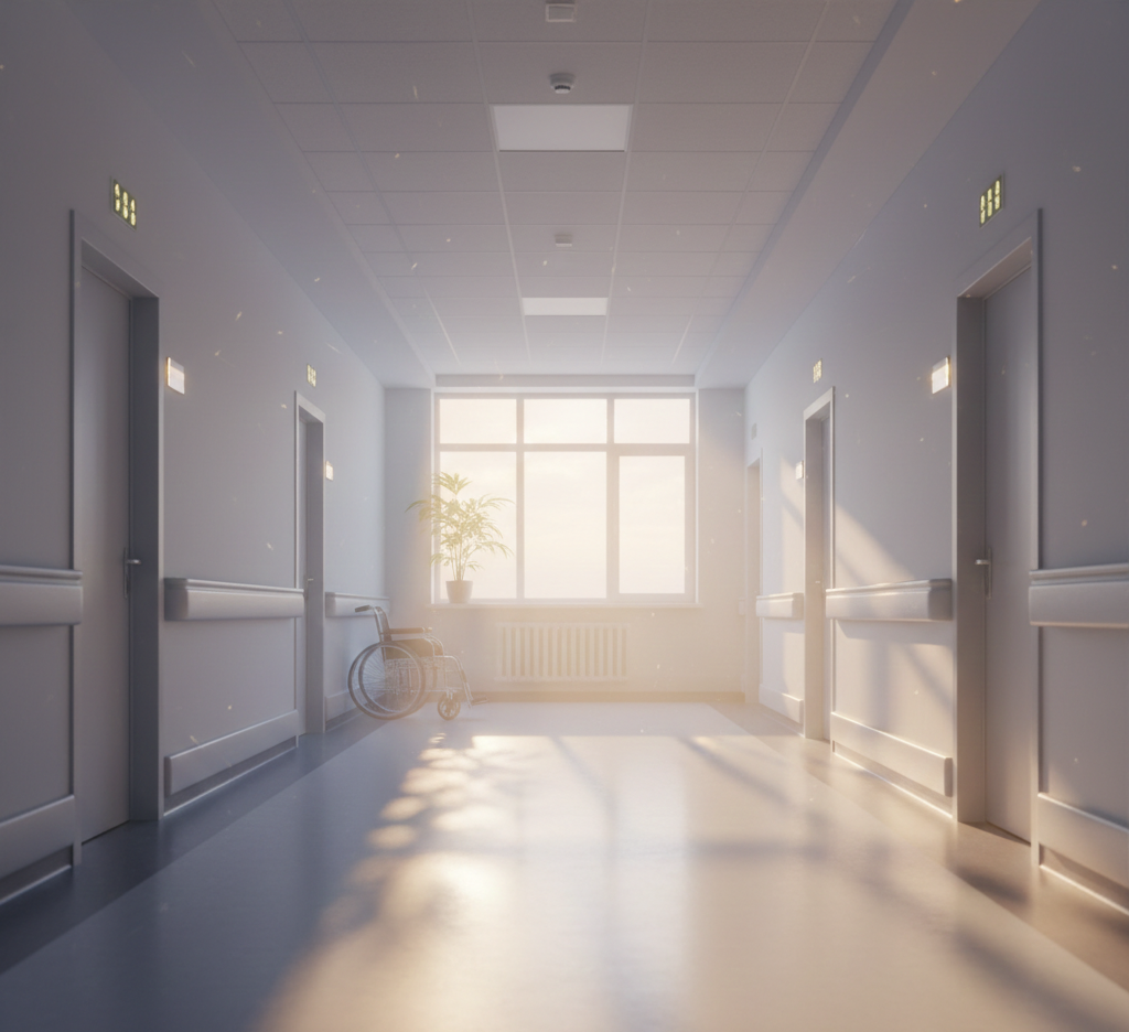 Sunlit hospital corridor with empty wheelchair and closed doors, symbolizing mental health treatment, recovery, and institutional care in the Billy Milligan case.