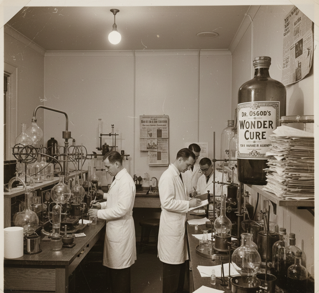 Early 20th century pharmaceutical laboratory with scientists conducting drug experiments, representing the origins of modern medicine and medical research practices.
