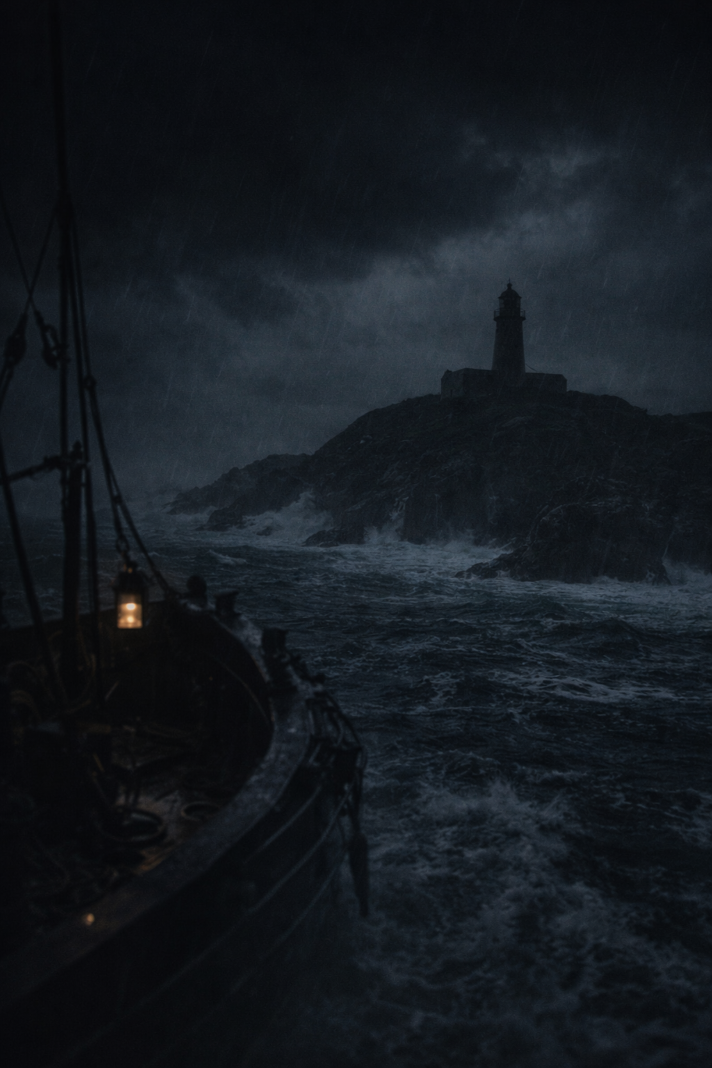 Stormy night at sea with a dark lighthouse lacking its beacon, as a ship approaches dangerous waters near the Flannan Isles.