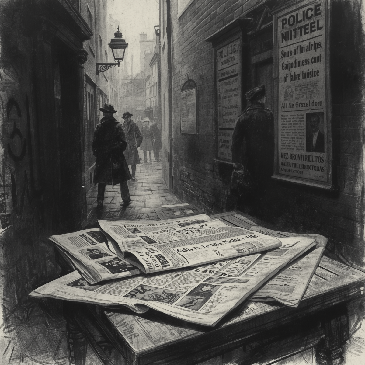 Scattered newspapers and dark alleyways reflect the panic and rumor that consumed Whitechapel.