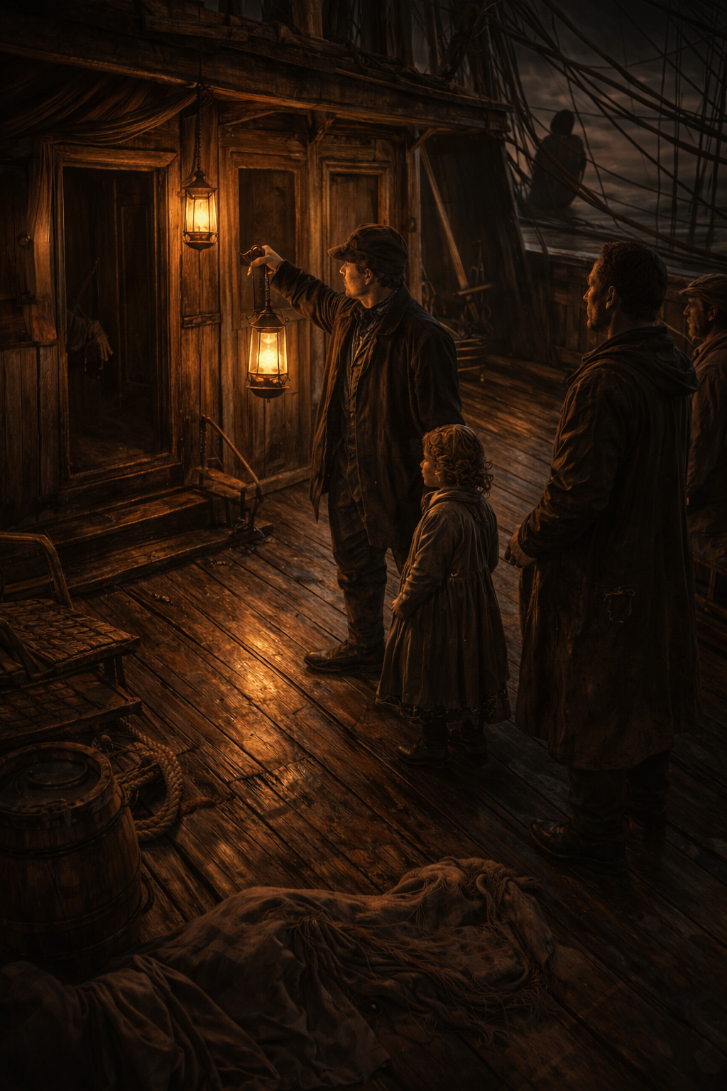 Crew of the Dei Gratia boarding the abandoned Mary Celeste in December 1872, inspecting the empty ship by lantern light.